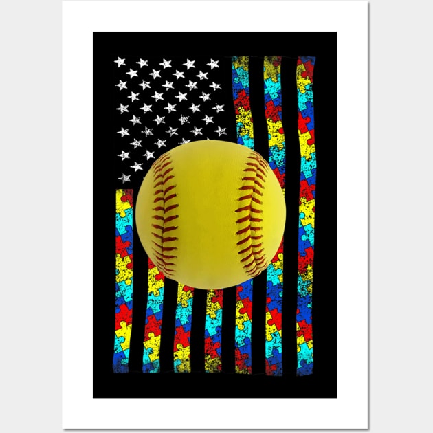 Autism Awareness Flag Softball Player Wall Art by Magic Ball